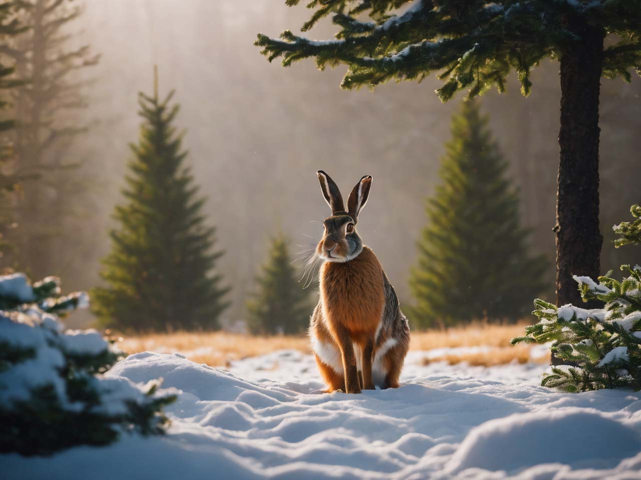 The Hare by itself in the forest in the winter. 